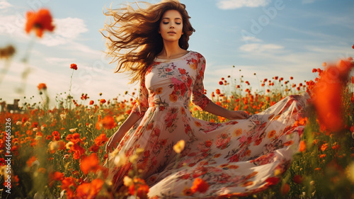 young woman in a white dress with a flower in the field photo