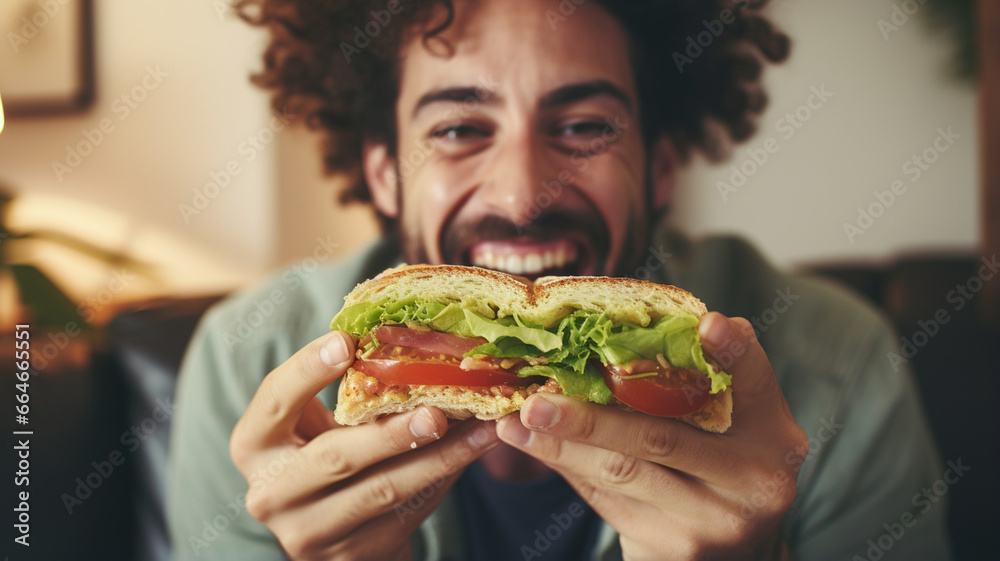 cheerful man eating sandwich with a smile