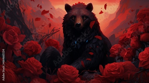 A scarlet bear with a heart, sitting on a bed of red gladiolus flowers, their towering spikes adding vertical interest to the scene