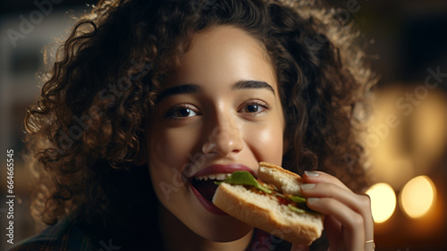 portrait of beautiful young woman with curly hair looking at camera with smiling face eating hamburger in the night cafe. girl eating fast food, fast food
