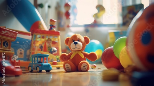 An illustration of a bear in the center and many toys and decorations around him as a holiday image