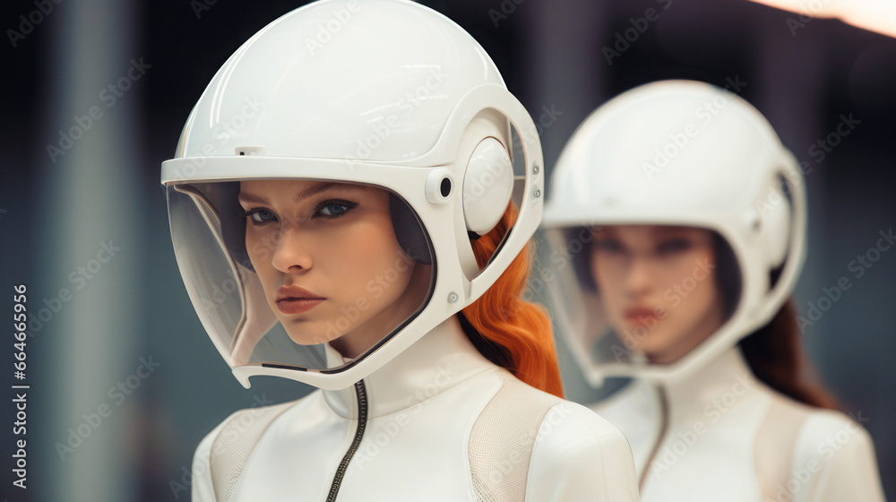 Contemporary futuristic style of two young and attractive girls dressed in white cyber costumes with futuristic helmets on their heads. Contemporary futuristic style of two young and attractive girls dressed in white cyber costumes with futuristic helmets on their heads.