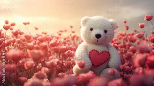 A white teddy bear with pink accents, holding a red heart, standing in a field of pink and white ranunculus flowers, their delicate petals fluttering in the breeze