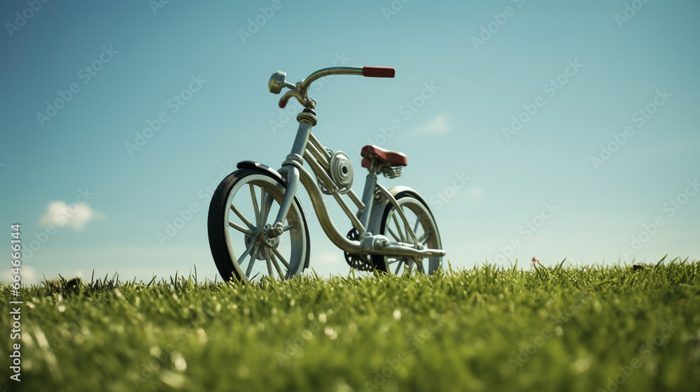 a small bicycle on a lawn in the park.