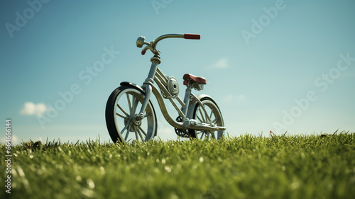 a small bicycle on a lawn in the park.