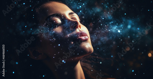 beautiful woman relaxing with galaxy background