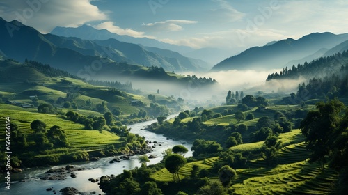 a lush green hillside with a gradient of mist