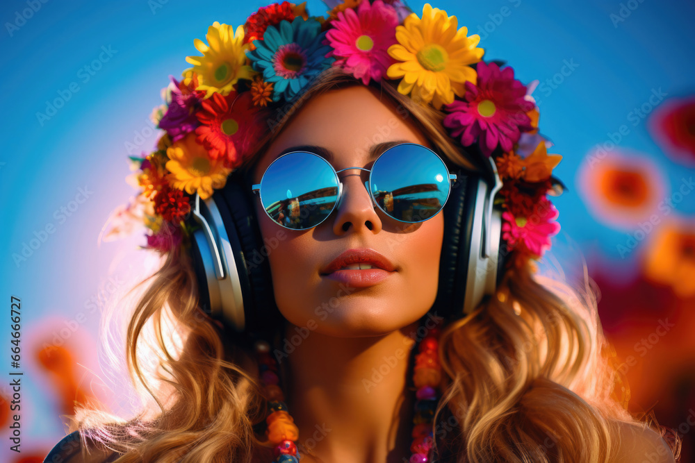 A radiant portrait of a young woman surrounded by bright colors. She wears headphones, sunglasses and her hair is richly decorated with flowers.