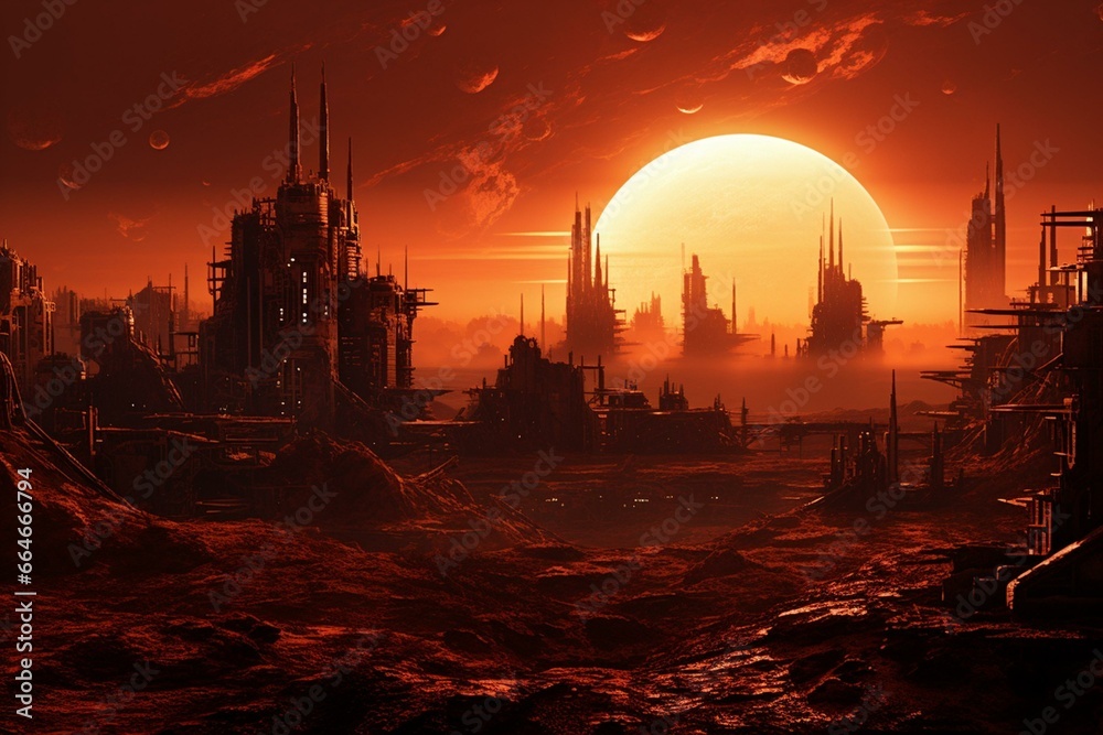 Sci-fi cityscape with red planet backdrop. Generative AI