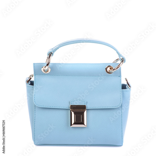 Modern sky blue leather female top-handle bag with gold metal clasp and furniture on a white background. Creative mockup for advertising a handbag store. Fashion blog content.