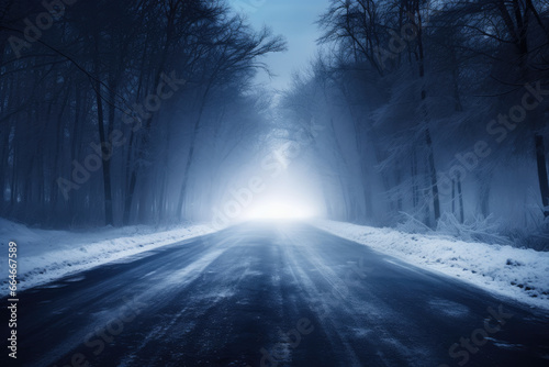 Twilight's Frosty Veil: An Icy Road at Dusk, Headlights Piercing Through the Enigmatic Snowy Mist © furyon