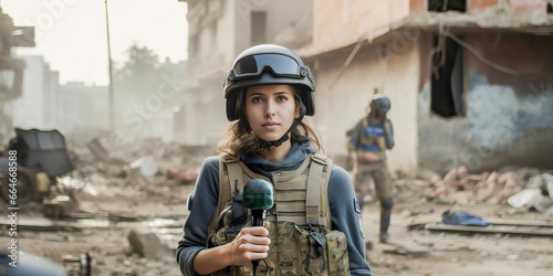 A female war journalist correspondent in bulletproof vest and helmet reporting live near a destroyed building, photo