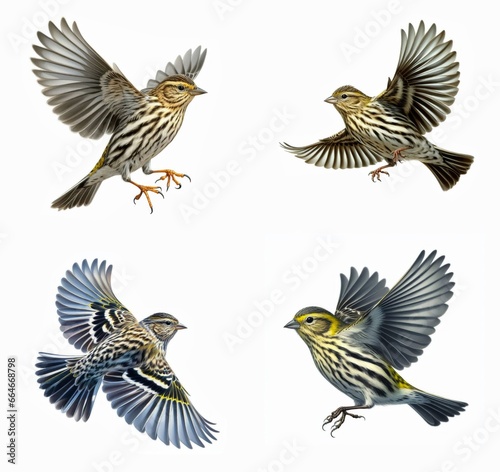 A set of male and female Pine Siskins flying isolated on a white background 