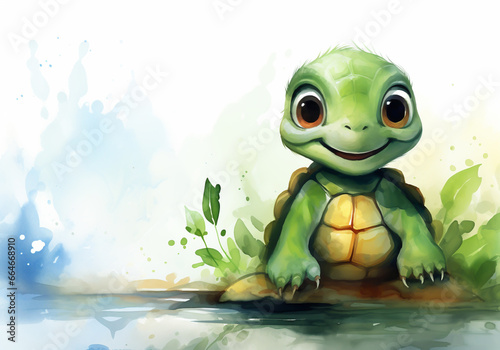Funny illustrated invitation card with watercolor turtle, for children's parties or other uses. AI generated