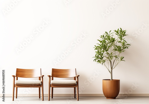 Modern minimalist white living room with armchair and vase with plants. Lifestyle concept. AI generated