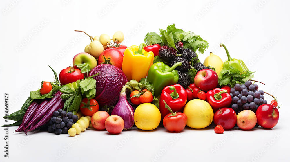 Fruits and vegetables, white background. Generative AI.