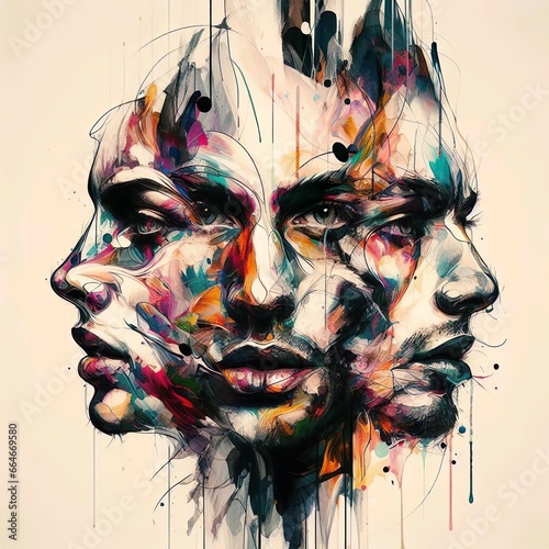 Experimental Portrait, Man and Women, Colours, Art, Minimalist Lines, Bright Background  photo