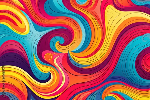 Groovy hippie 70s background with waves  swirl  twirl patterns. Twisted distorted texture in trendy retro psychedelic style.