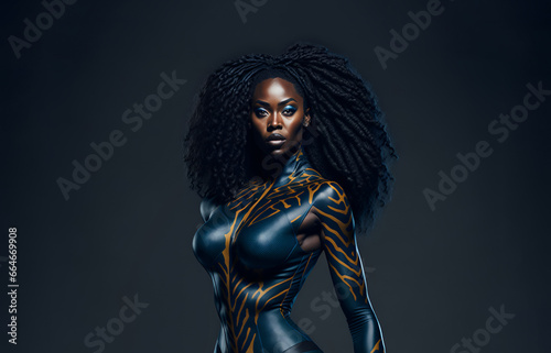Beautiful black woman wearing supehero costume. Empowered african american heroine