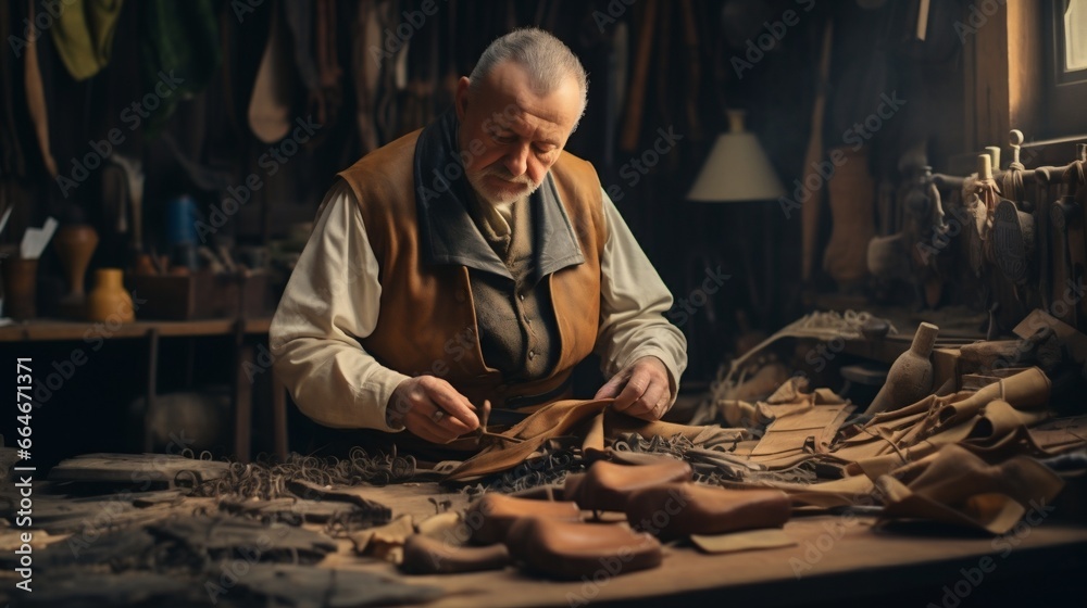 Craftsman Working on Leather Shoe in Workshop Craftsman Working on Leather Shoe in Workshop