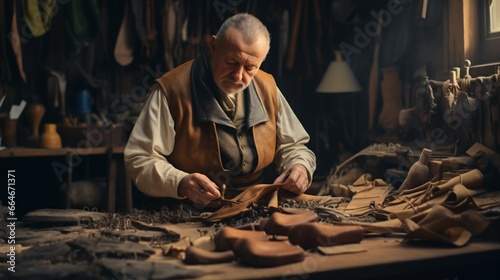 Craftsman Working on Leather Shoe in Workshop