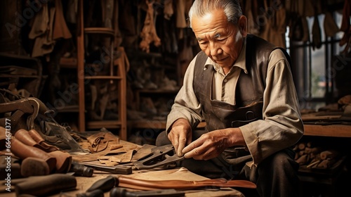 Skilled Senior Shoemaker Working with Leather in Workshop