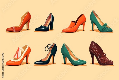 An image depicting different types of fashionable women's shoes. Generative AI