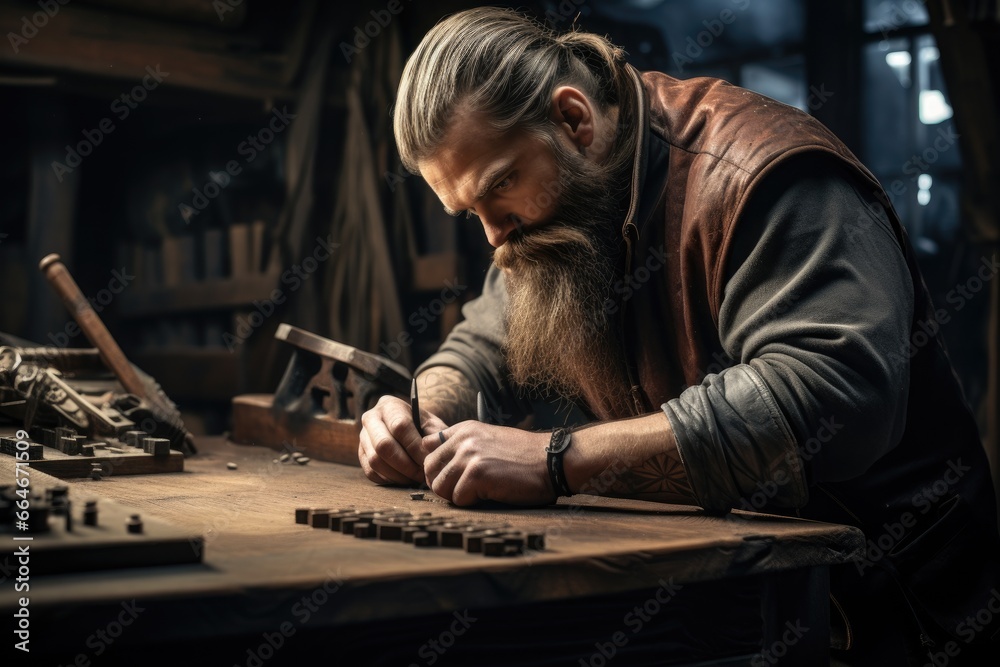 Bearded craftsman working diligently in a wooden workshop. Bearded craftsman working diligently in a wooden workshop.