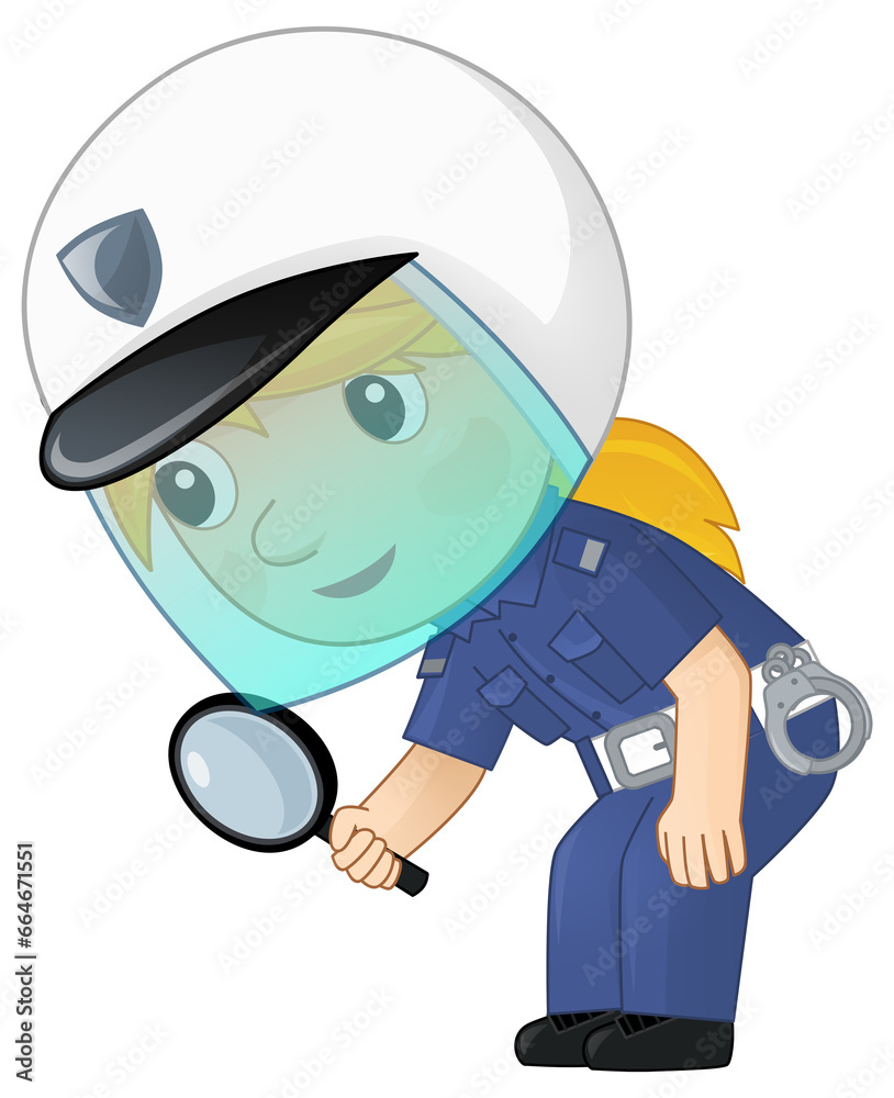 Cartoon character policeman girl at work with handcuffs and helmet isolated illustration for childlren