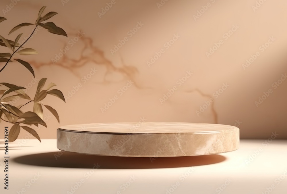 3D background, nude beige pedestal podium. Natural dry plant and shadow on pastel nude 3D background, nude beige pedestal podium. Natural dry plant and shadow on pastel nude