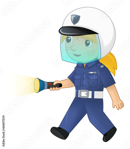 Cartoon character policeman girl at work with handcuffs and helmet isolated illustration for childlren photo