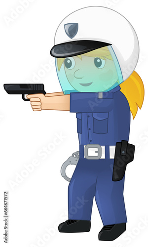 Cartoon character policeman girl at work with handcuffs and helmet isolated illustration for childlren photo