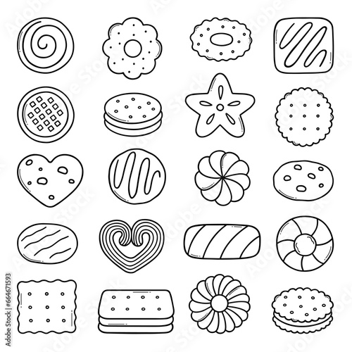 Cookies and biscuits doodle set. Desserts, pastry, crackers, chocolate chip cookies in sketch style. Hand drawn vector illustration isolated on white background