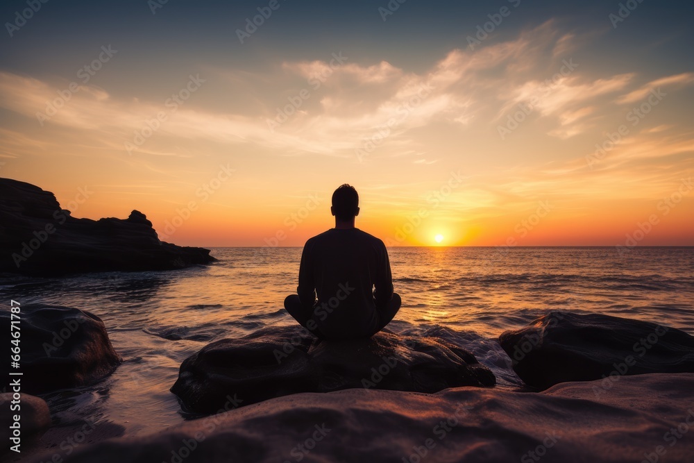 Silhouette of a man meditating at sunrise by the ocean.