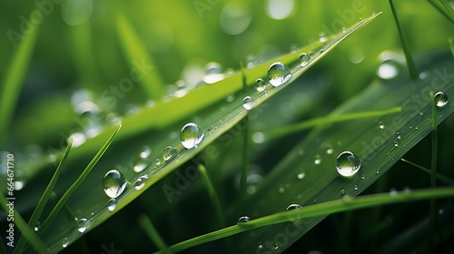 Delve into the hidden world of tiny water droplets clinging to blades of grass after rainfall.