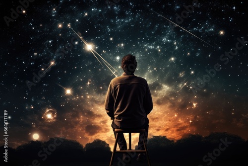 Philosophical man gazing at the stars through a telescope.
