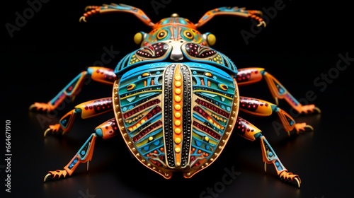Discover the intricate patterns of a beetle's exoskeleton, adorned with vibrant colors.