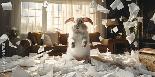 Innocent bunny surrounded by flying papers sitting on the table, Snowy Bunny in a Room Full of Flying Tissue Paper
