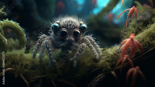 et lost in the intricate details of a tiny spiderling exploring the world of its own creation.