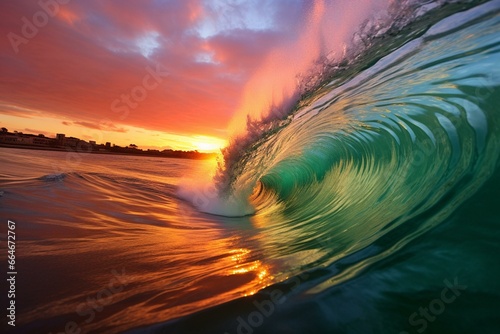 Vibrant sunrise waves crash with splashing water in the colorful ocean. Generative AI