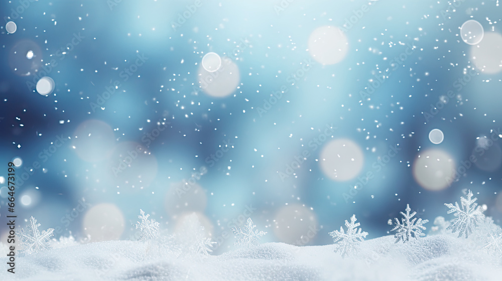 Christmas winter background with snow and blurred bokeh.Merry christmas and happy new year greeting card with copy-space