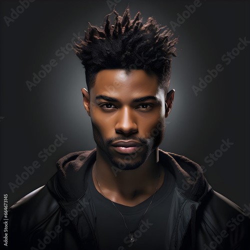 Man in black coat and black hair, black inner shirt, handsome, dark skin, black man, with generative AI