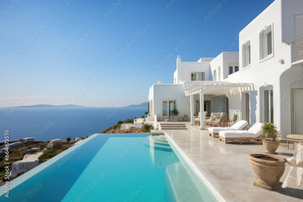 White mediterranean house with swimming pool on the hill with sea view