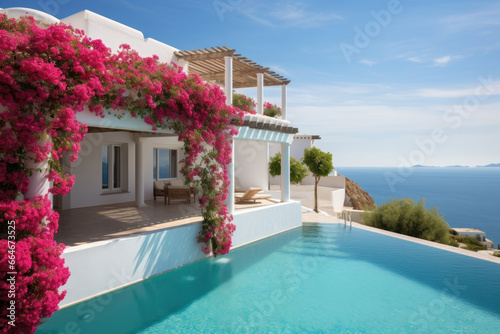 White mediterranean house with swimming pool on the hill with sea view © stock_acc