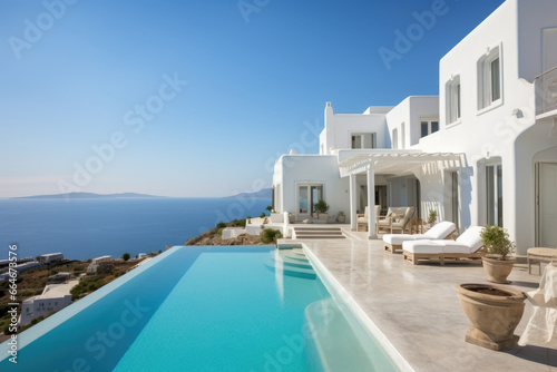 White mediterranean house with swimming pool on the hill with sea view