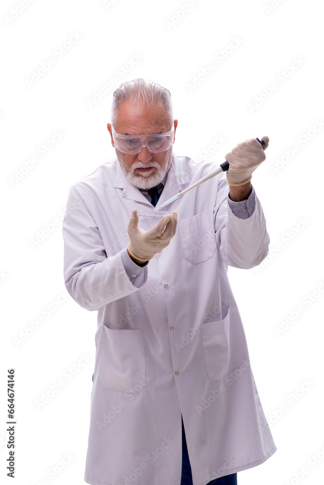 Old male chemist isolated on white Old male chemist isolated on white
