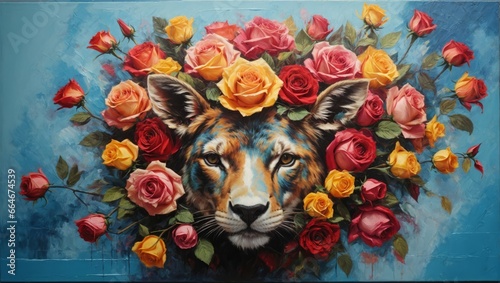 A lion with a bouquet of roses on his head, watercolor portrait