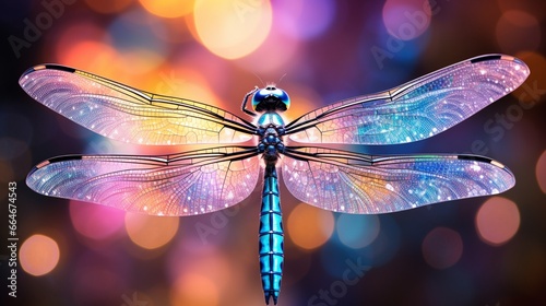 Illuminate the enchanting patterns of a dragonfly's iridescent wings in the soft sunlight.