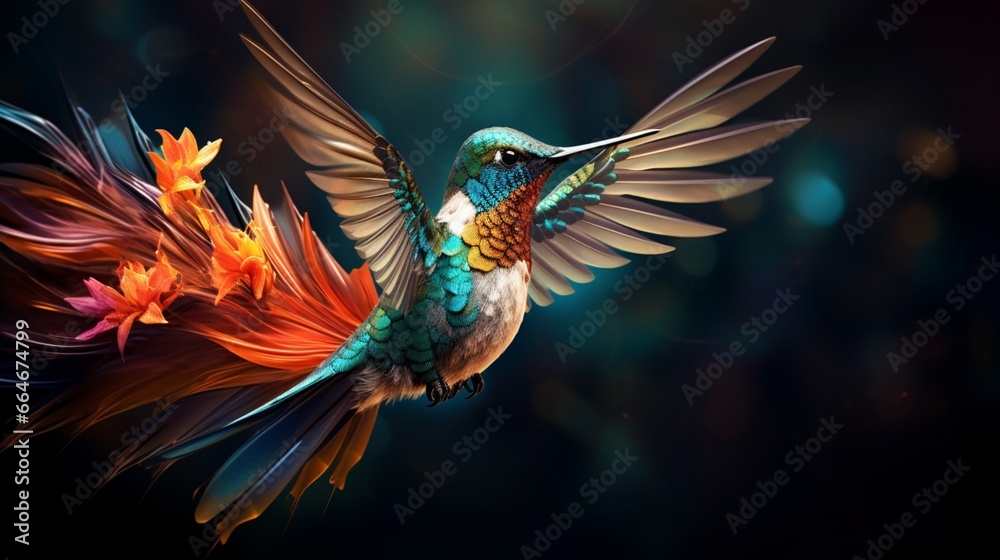 Illuminate the enchanting world of a hummingbird's shimmering feathers in mid-flight.