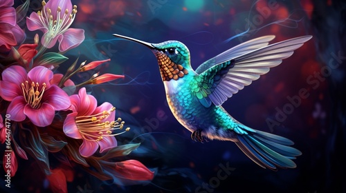 Illuminate the enchanting world of a hummingbird sipping nectar from a vibrant blossom.
